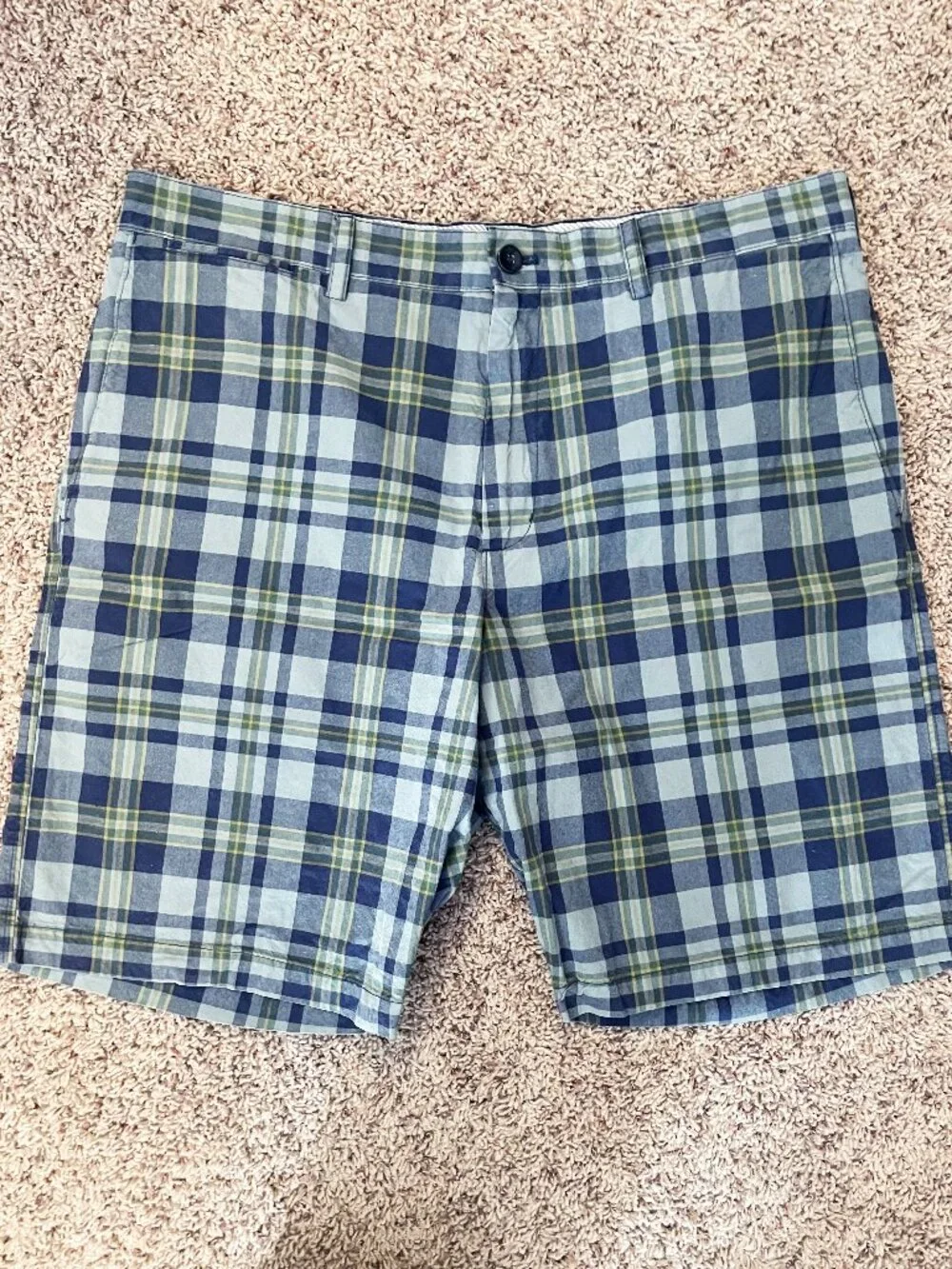Banana Republic Men's Blue Green Plaid Cotton Flat Front Shorts Size 38 Preppy